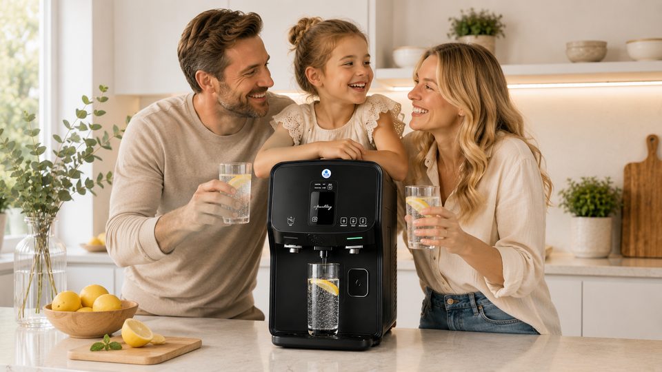 Familie genießt frisches Wasser aus der Blue Sparkling Black Edition in einer hellen, modernen Küche
